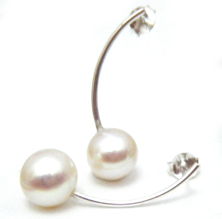 Curved Drop Round White Pearls Earrings